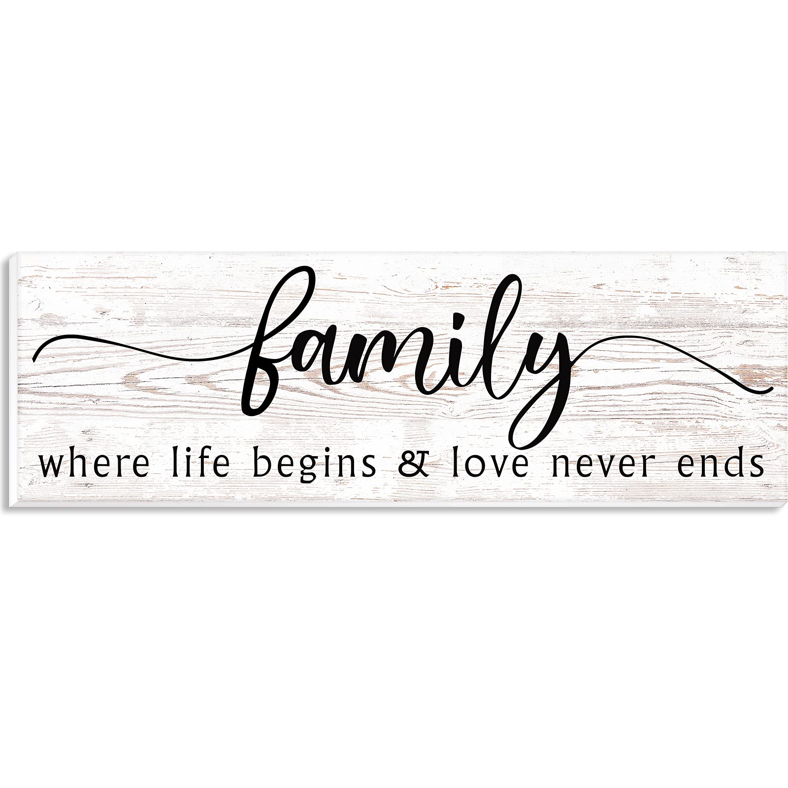 Family Wooden Wall Decor 15.7 x 5.1 Inch Where Life Begins Sign - Love Never Ends Wall Plaque With Hanging Words for Home - Rustic Wood Decor