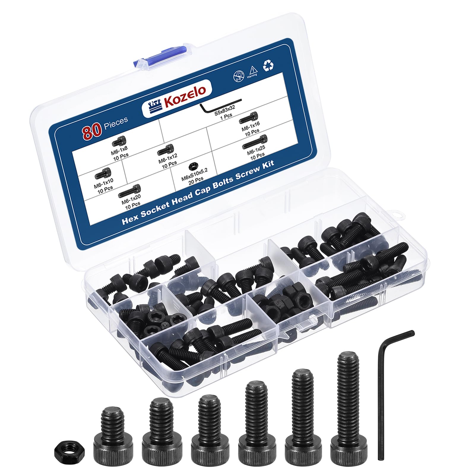 Kozelo 80pcs M6 Socket Head Cap Screws Bolts Nuts Assortment Kit - [M6x8/10/12/16/20/25mm] Alloy Steel Fully Threaded Black Oxide 12.9 Internal Hex Screw for 3D Printer Use, with Wrench
