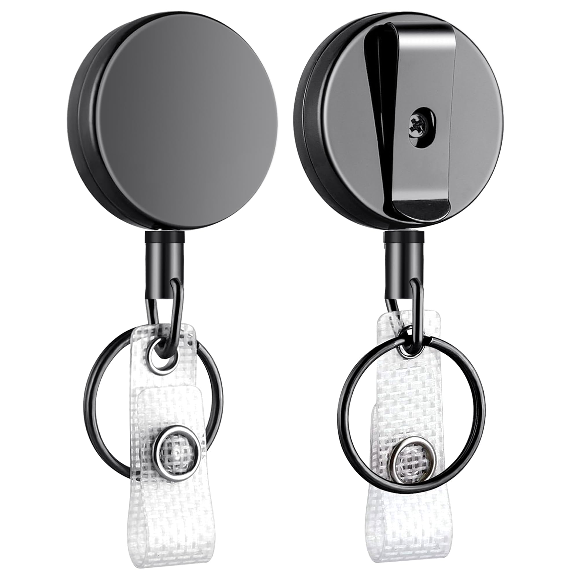 Teskyer 2 Pack Retractable Lanyard & Keychain, Heavy Duty Badge Reel, Metal Build, Reinforced Nylon Cord, Silver-Black