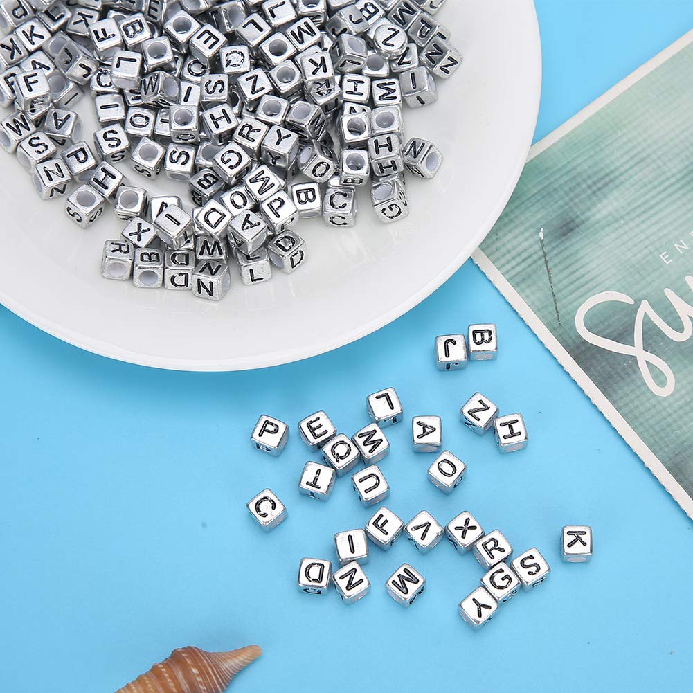Acrylic Beads, 500Pcs 6mm Square Acrylic Alphabet Letter Beads for Jewelry Making DIY Bracelets Necklaces Key Chains (Silver)