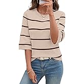 LOMON Womens Sweaters Casual Fall 2025 Crew Neck Striped 3/4 Sleeve Lightweight Knit Trendy Pullover Sweater Tops S-XL