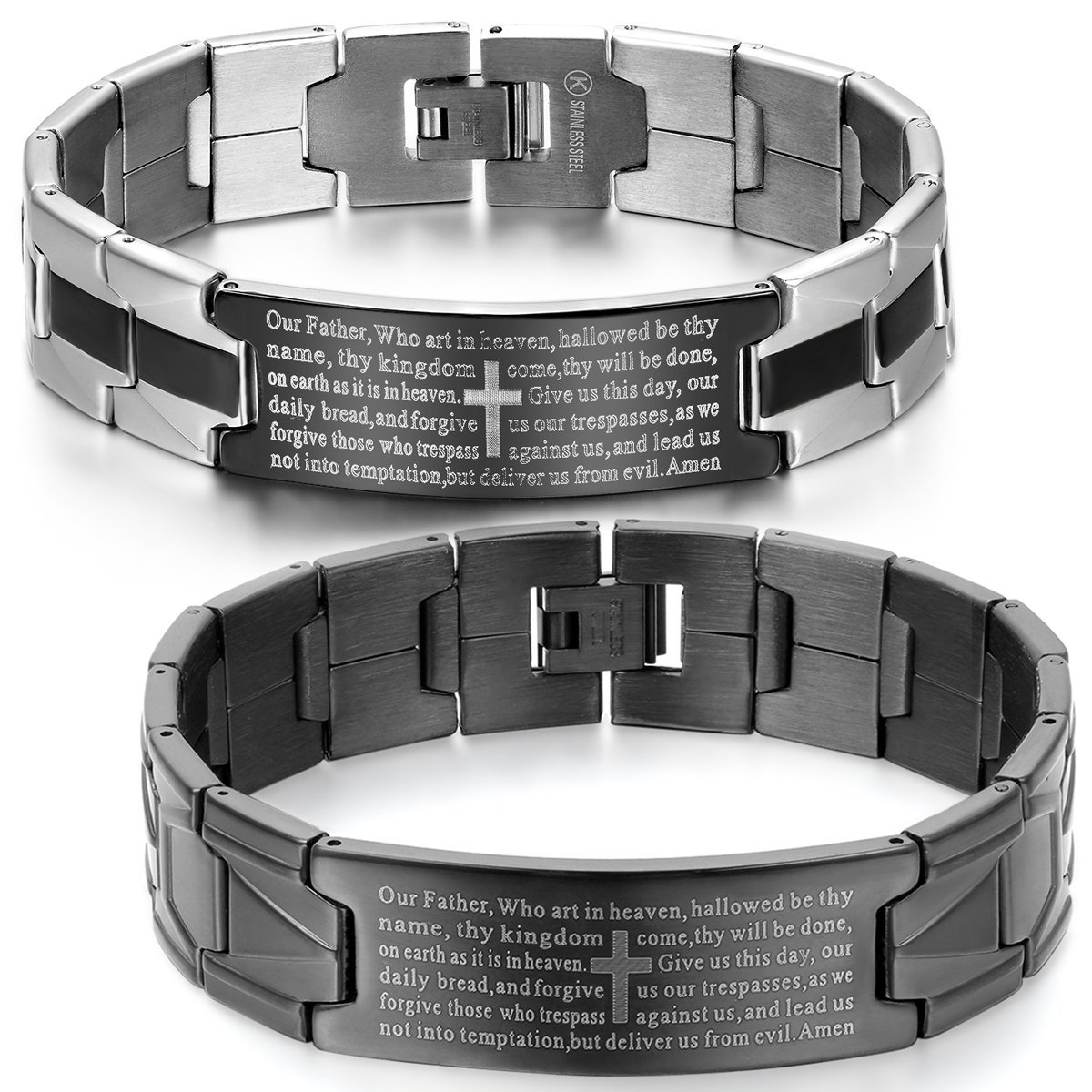 JewelryWe Lot of 2 Stainless Steel Black Silver Religious Cross English Lords Prayer Mens Bracelets, 2pcs — image 1