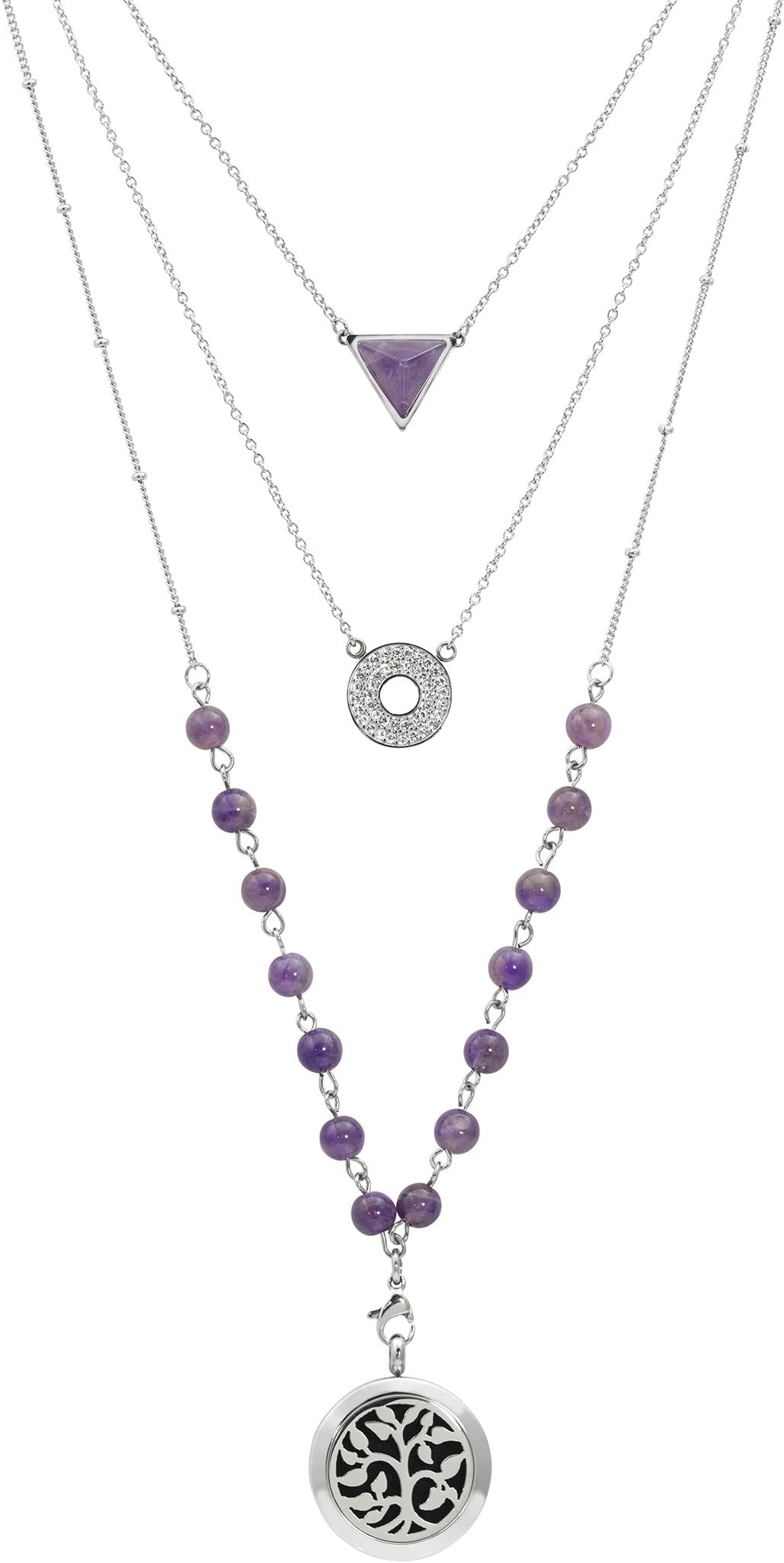AromaLuxe London Silver And Amethyst Essential Oil Diffuser Necklace, Multi-Layer Chain 6Mm Bead; Silver 25Mm Locket; 9 Colored Diffuser Pads, Velvet Bag - 48Cm/18.9", 58Cm/22.8", 68Cm/26.8", 6Mm Bead