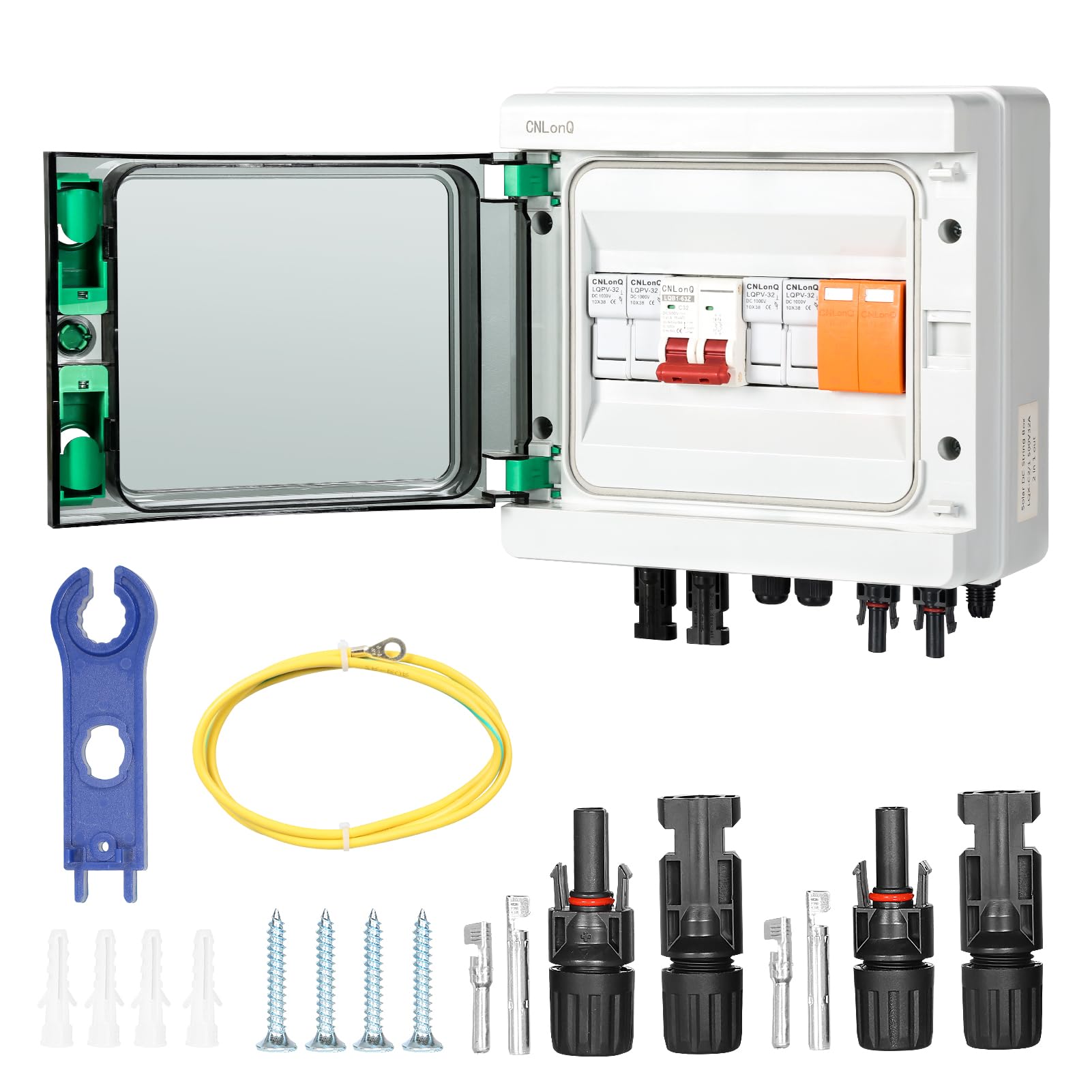 Solar PV Combiner Box,2 in 1 out 2 String Solar Distribution Combiner Box Connector for Solar Panel System,with 32A Photovoltaic DC Isolation Switch Circuit Breaker 40KA Arrester 15A Current Fuse