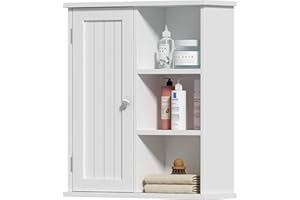Treocho Bathroom Wall Cabinet, Medicine Cabinet with Door and 3 Open Shelves, Wall Mounted Storage Organizer for Bathroom, Kitchen, Living Room, White