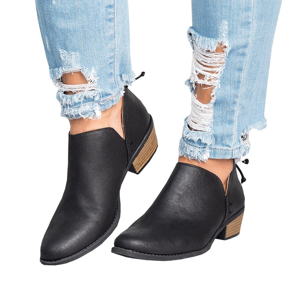 Poplover Womens Western Cowboy Ankle Booties Pointed Toe Zip up Low Heel Shoes Black 4.5 UK