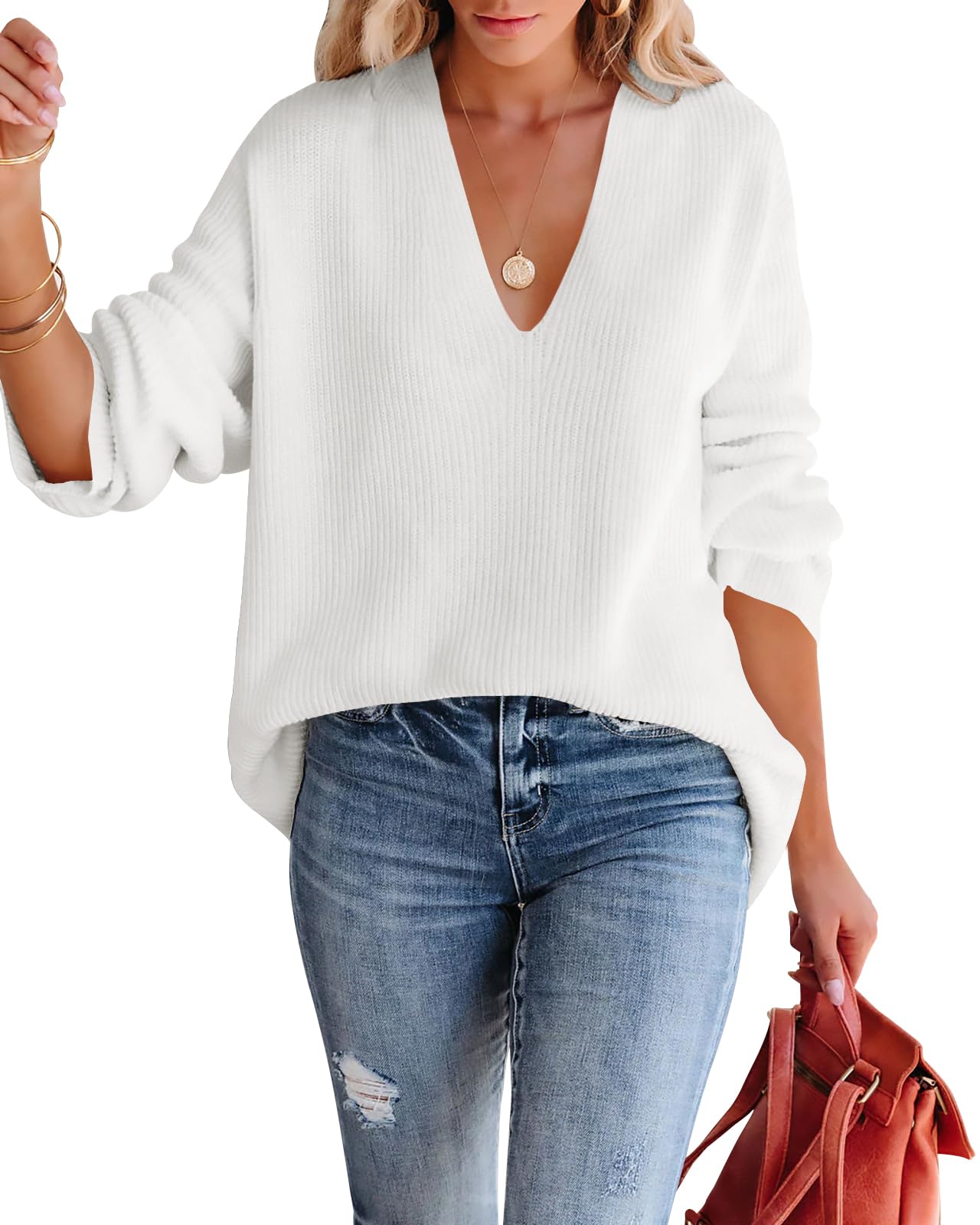 Photo 1 of *USED*
Imily Bela Womens Oversized Deep V Neck Sweaters Sexy Long Sleeve Tunic Sweater Knitted Dressy Pullover Jumper White
