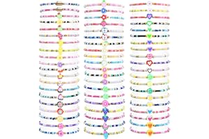 yesaior 60 Pcs Colorful Friendship Bracelet, Stackable Elastic Cute Beaded Bracelets Preppy Bracelets Bulk Set for Women Gift