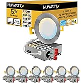 NUWATT 6 Pack, 4 Inch Ultra-Thin Recessed LED Lights Brushed Nickel, 5CCT 2700K/3000K/3500K/4000K/5000K Selectable, 630LM, 9W, IC Rated, Dimmable, Canless Downlight With Junction Box, Energy Star, ETL