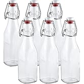 Estilo Swing Top Easy Cap Clear Glass Bottles with Caps, Round, 8.5 oz, Set of 6 - Standard Size, Flip Top Glass Bottles to S