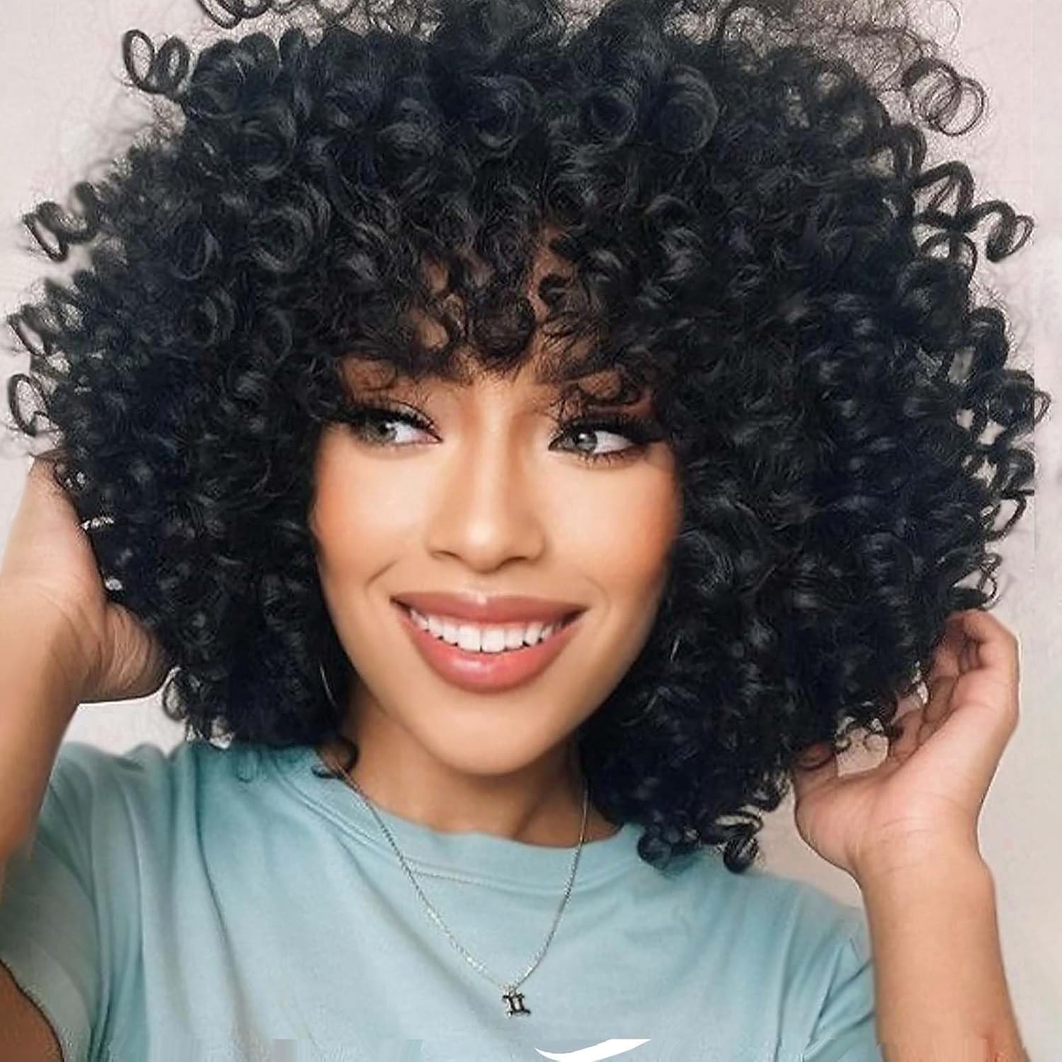 PORSMEER Short Kinky Curly Afro Wigs with Fringe Natural Looking Premium Synthetic Heat Resistant Hair Dark Black Wig for Black Women Ladies UK Cosplay and Daily,14 Inch — image 1