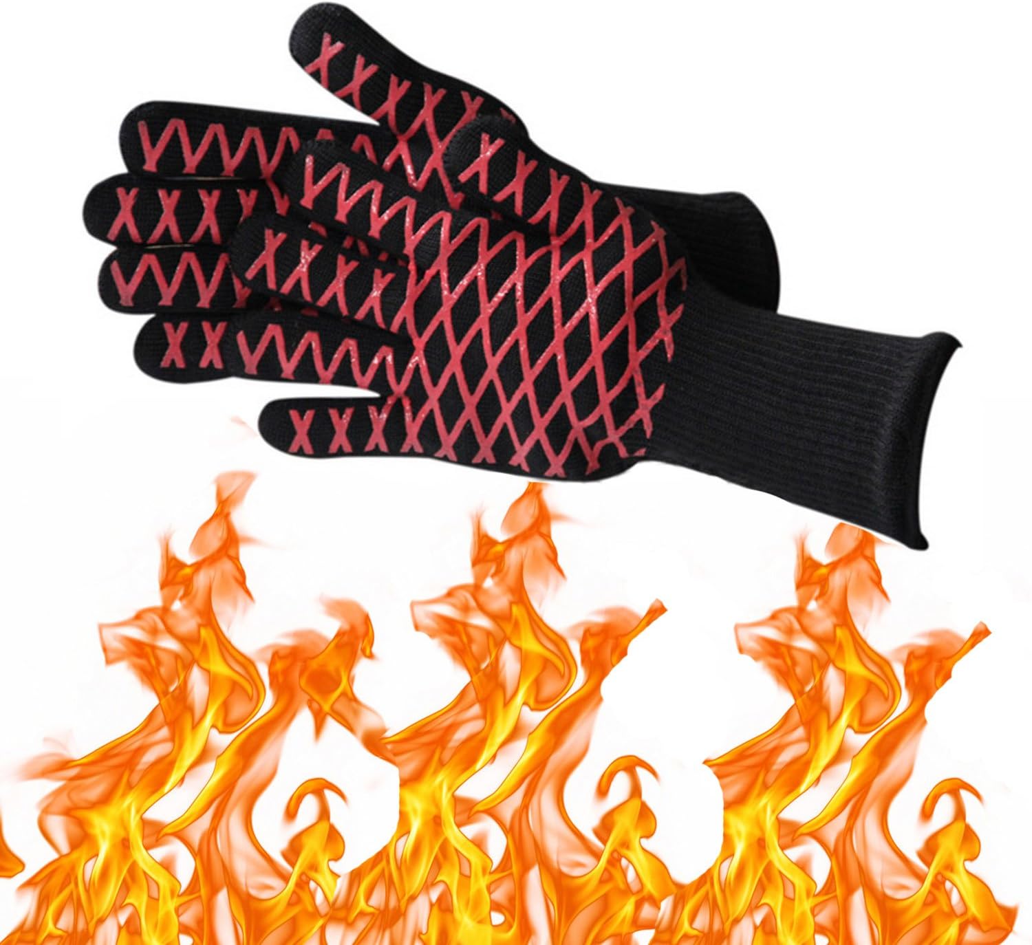 Barbecue Grilling Cooking Gloves w/ Fingers Doopo- 932°F Extreme Heat Resistant, Fire & Cut Resistant Level 4 Protection Oven Mitts - 14" Long for Extra Forearm Protection (1 pair)