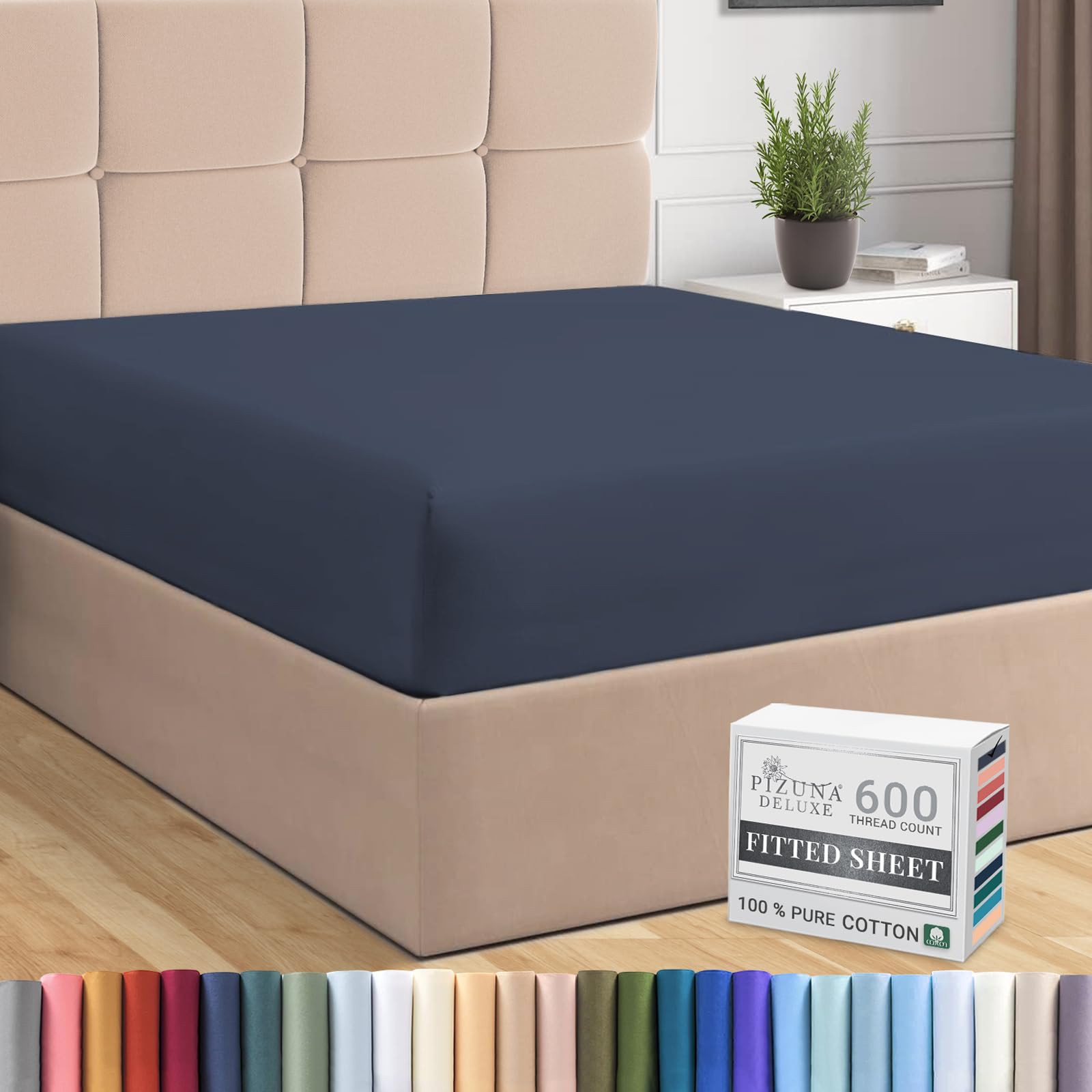 Pizuna Pure Combed Cotton Fitted Sheet Dark Blue, 600 Thread Count 100% Long Staple Cotton King Size Fitted Sheet 160x200 cm, Sateen Weave King Size Fitted Sheets Deep Fit 40 cm 1 PC
