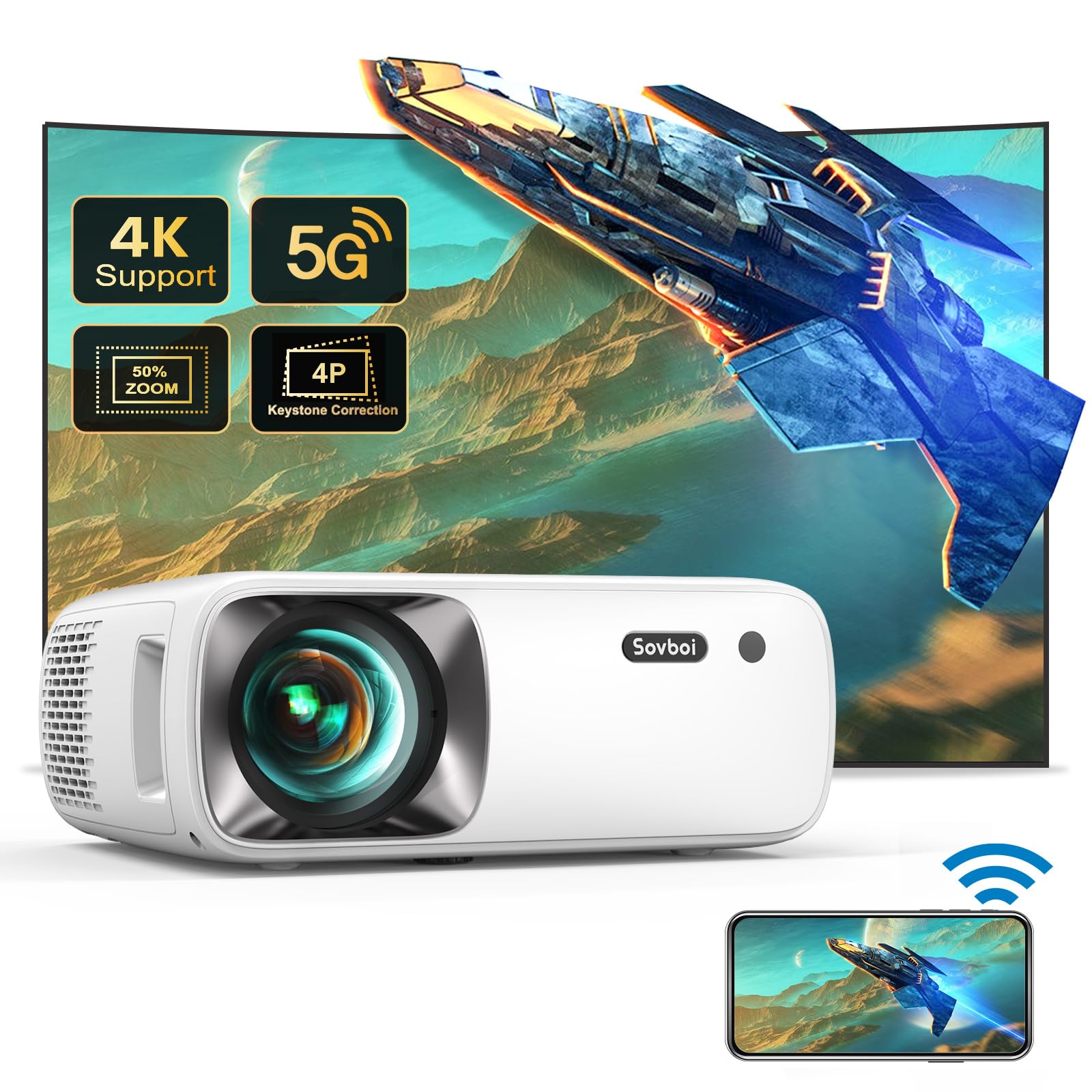 Outdoor Projector 4K Supported 5G WiFi Bluetooth: 19000L 500 ANSI Native 1080P Projector, 4D/4P Keystone 450'' & 50% Zoom Sovboi Mini Movie Projector, SOI-Smart System Portable Projector for Phone/PC