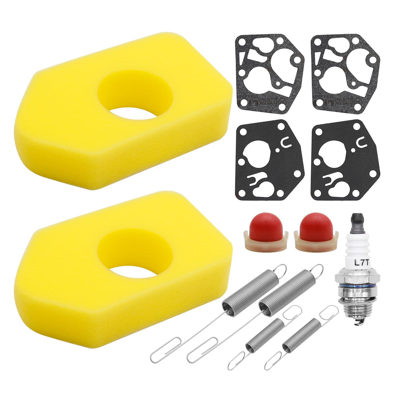 Hoypeyfiy Lawn Mower Replacement Parts Air Filters with 1 L7T Spark Plug 2 Primer Bulbs 4 Carburetor Gaskets 4 Governor Springs for 023200 L7T 495770 795083 5083k Engines