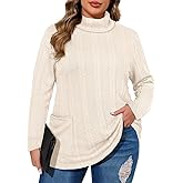TIYOMI Plus Size Sweaters for Women Long Sleeves Cable Knit Turtleneck Top with Pockets Solid Lightweight Pullover Top Xl-5Xl