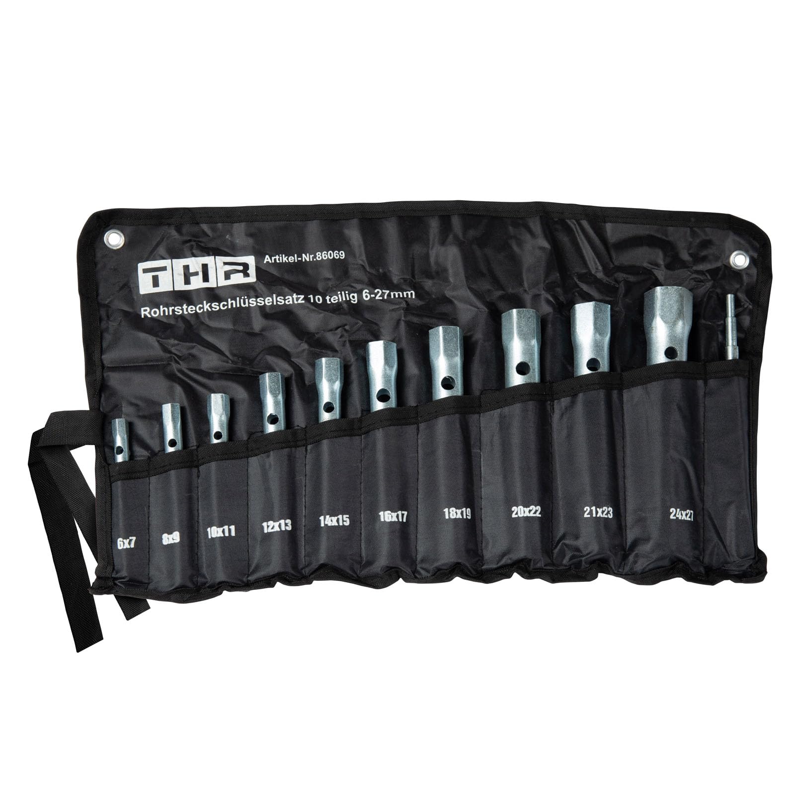 10-Part Tubular Socket Driver Set 6-27 mm in roll bag.
