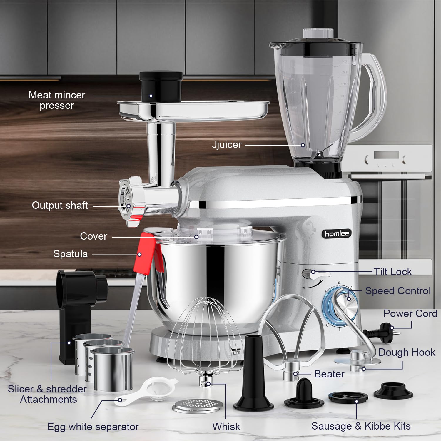 Homlee 3 in 1 Universal Küchenmaschine 2000W Multifunktionale Knetmaschine 6-stufige Gescheindigkeit Mixer, mit Fleischwolf, 1.5L Saftpresse, 5.5L Edelstahlschüssel knetmaschine 9