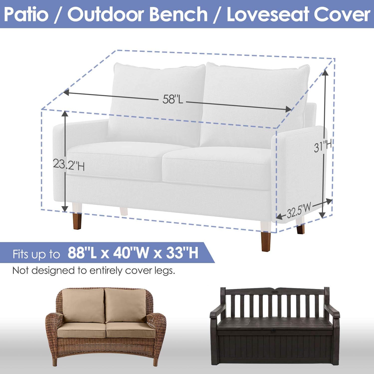 2-Seater Patio Bench Loveseat Cover, Heavy Duty Lawn Patio Outdoor Furniture Covers Waterproof 58" W x 32.5" D x 31" H, Outdoor Deep Lounge Sofa Cover with Air Vents for All Weather, Grey & Black: Kitchen & Dining