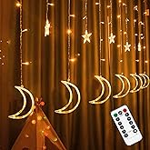FUNPENY Star Moon Curtain String Lights, 138 LED Window Lights with Remote Control, Warm White Fairy Lights with 8 Modes for Indoor, Wedding, Party, Bedroom, Patio Lawn, Ramadan Decorations