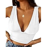 LYANER Women's Sexy Deep V Neck Slim Fitted Strap Crop Cami Tank Sleeveless Top