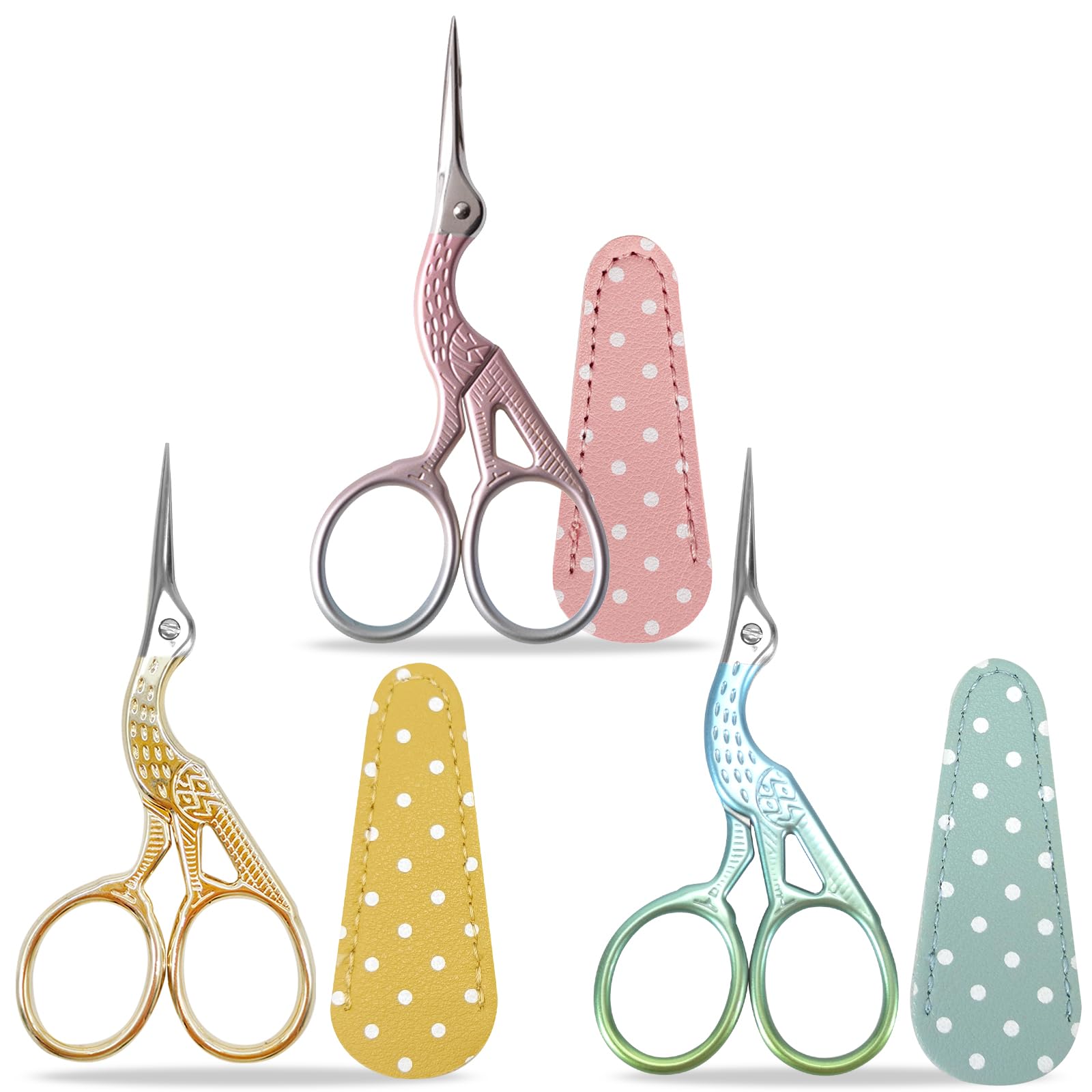 SwirlColor Embroidery Scissors Set of 3, Small Stork Scissors Stainless Steel for Craft Needlework Sewing with Fake Leather Cover