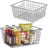 Aeggplant Kitchen Wire Baskets Farmhouse Decor Metal Food Storage Organizer,Household Refrigerator Bin with Built-in Handles for Cabinets,Pantry,Bathroom,Black