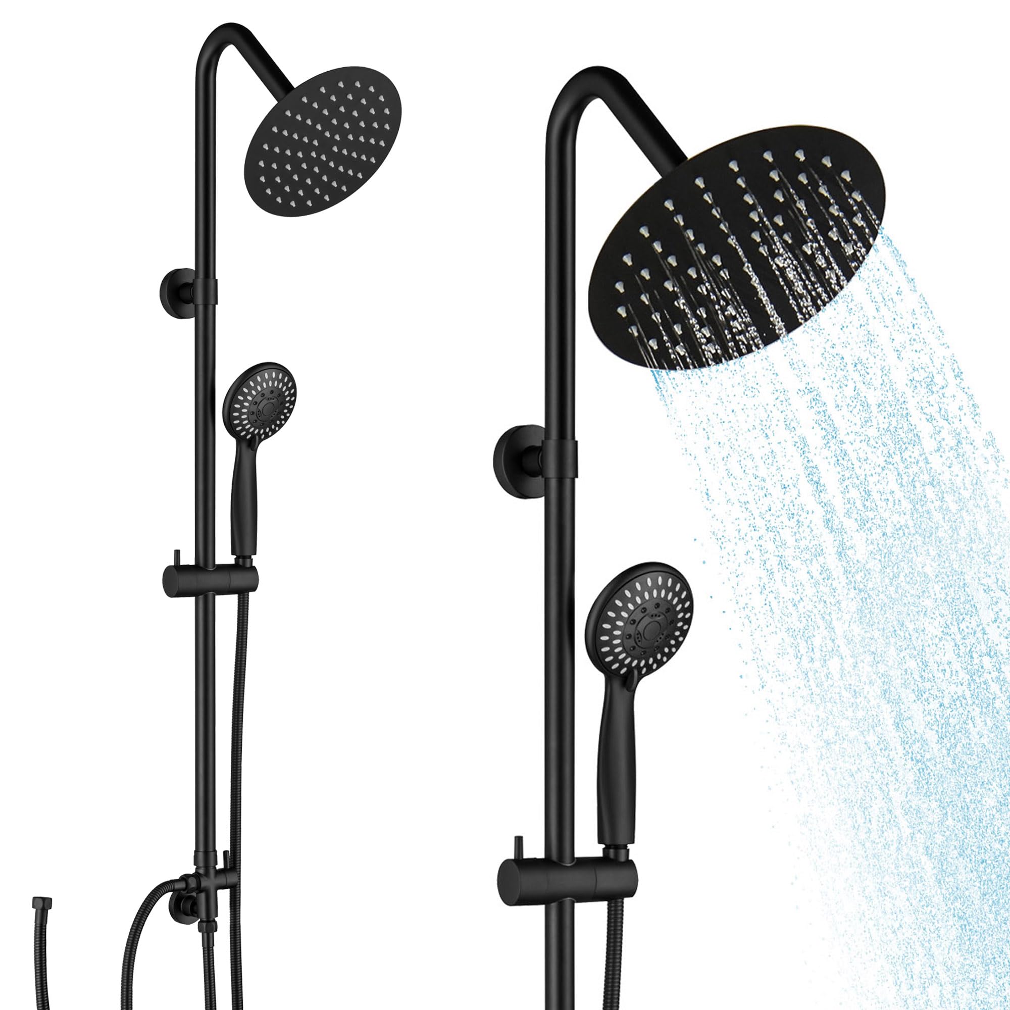 BAITUJIE Black Shower, Rall Shower Riser Rail Kit 8” Square Rainfall Overhead with Hand Sprays Shower Set with Valve Diverter and 150cm Hose