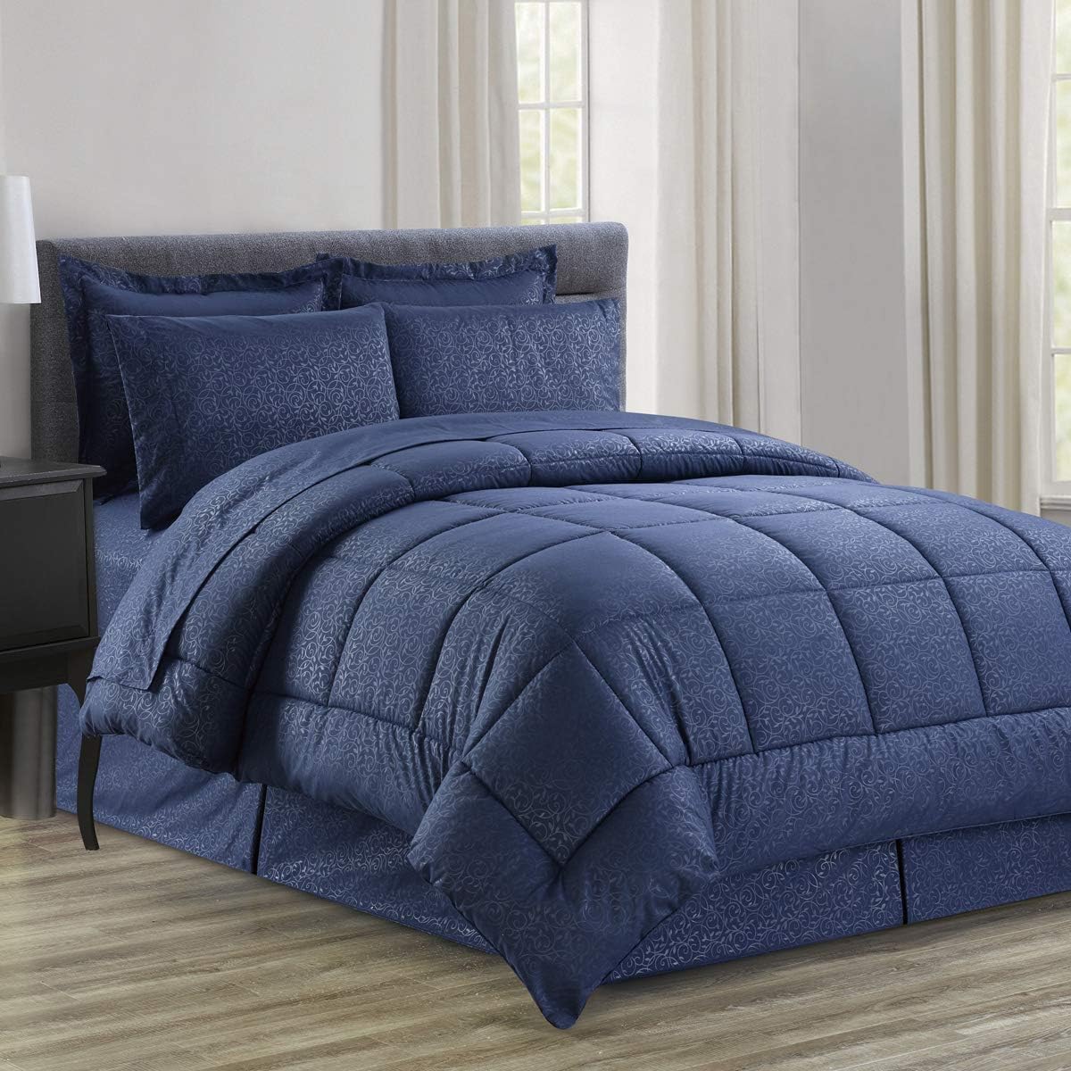 Sweet Home Collection 8 Piece Bed in A Bag Stripe Sheets, 2 Pillowcases, 2 Shams Down Alternative All Season Warmth, Queen, Dobby Gray: Home & Kitchen