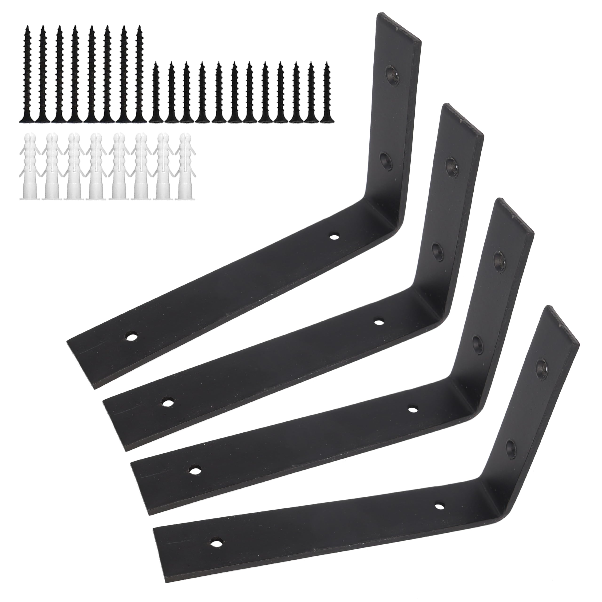4 Pcs Heavy Duty Shelf Brackets Industrial Shelf Bracket L Shape Right Angle Corner Bracket for Wall Mounted Shelf with Matching Screw and Anchors (Black, 200mm-100mm 4p ( 4mm))