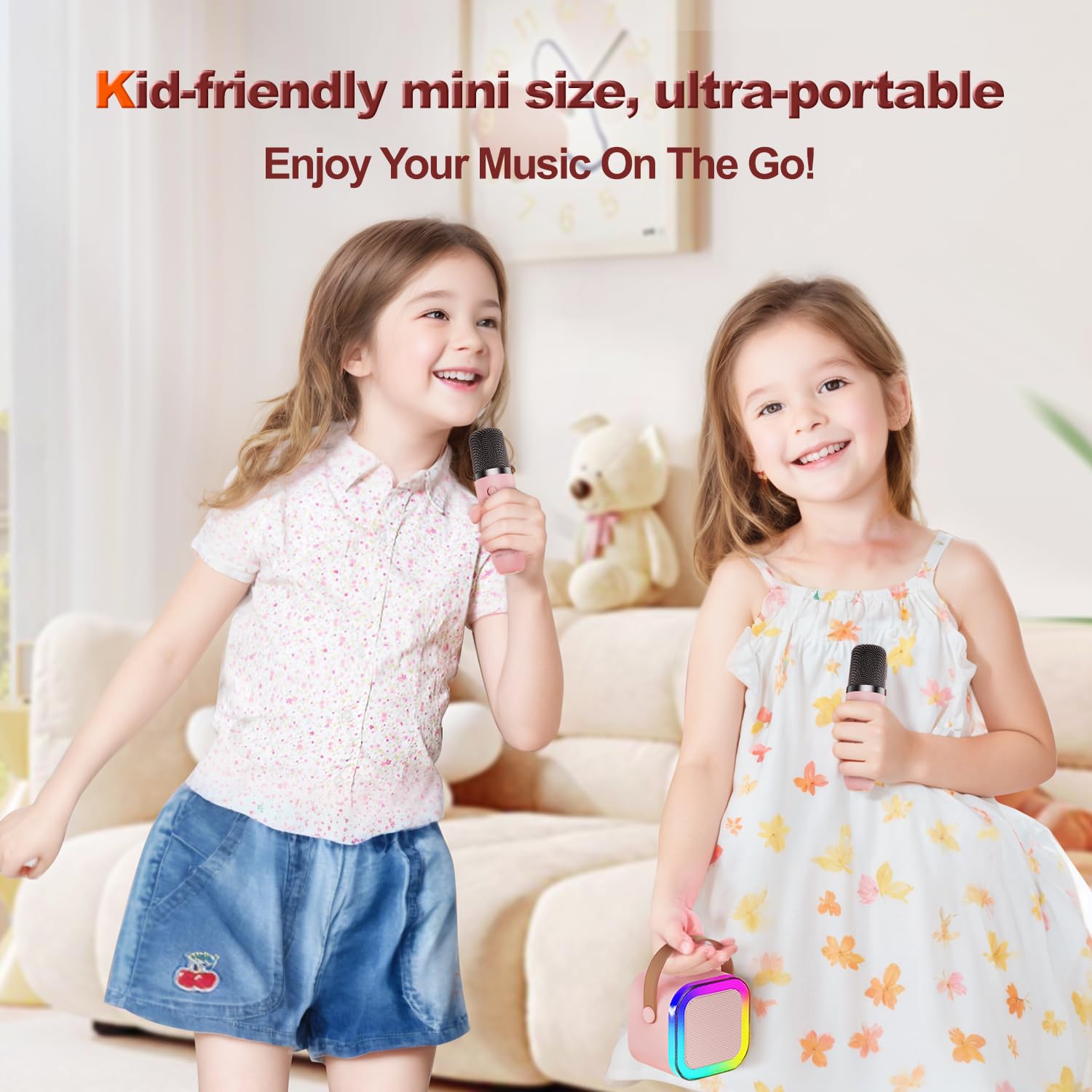 Kinglucky Mini Karaoke Machine for Kids, 2025 TOP Birthday Gifts Ideas for 3-12 Year Old Girls, Christmas Party Gifts Kids' Personal Video Players Accessories with 2 Wireless Microphones - Pink