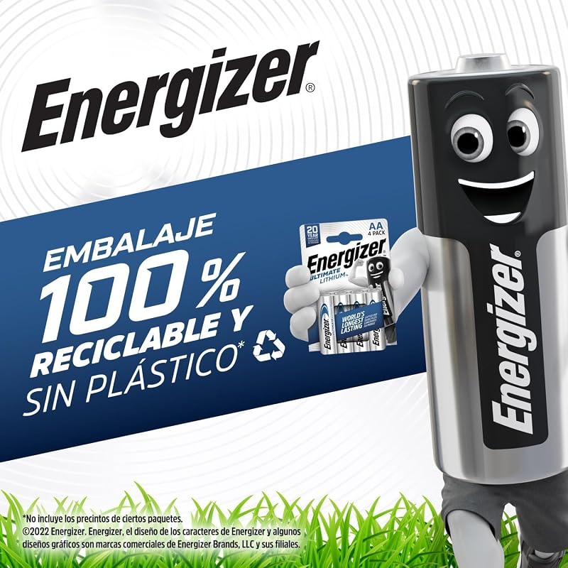 Energizer Ultimate Lithium AA Batteries (Pack of 4) - Uma das pilhas AA mais duradouras do mundo - para dispositivos de alto consumo - embalagem 100% reciclável - 25 anos de vida útil