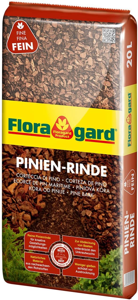 Floragard Mulch Pinienrinde 2-8 mm 20 L • superfein • dekorativer Bodenbelag • unterdrückt Unkrautwuchs • naturbelassen • für mediterranes Flair • auch zur Kübel-Abdeckung