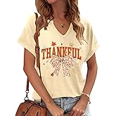 Thanksgiving Shirts for Women V Neck Thankful Shirt Pumpkin Graphic Tshirt Fall Gifts Short Sleeve Tee Tops