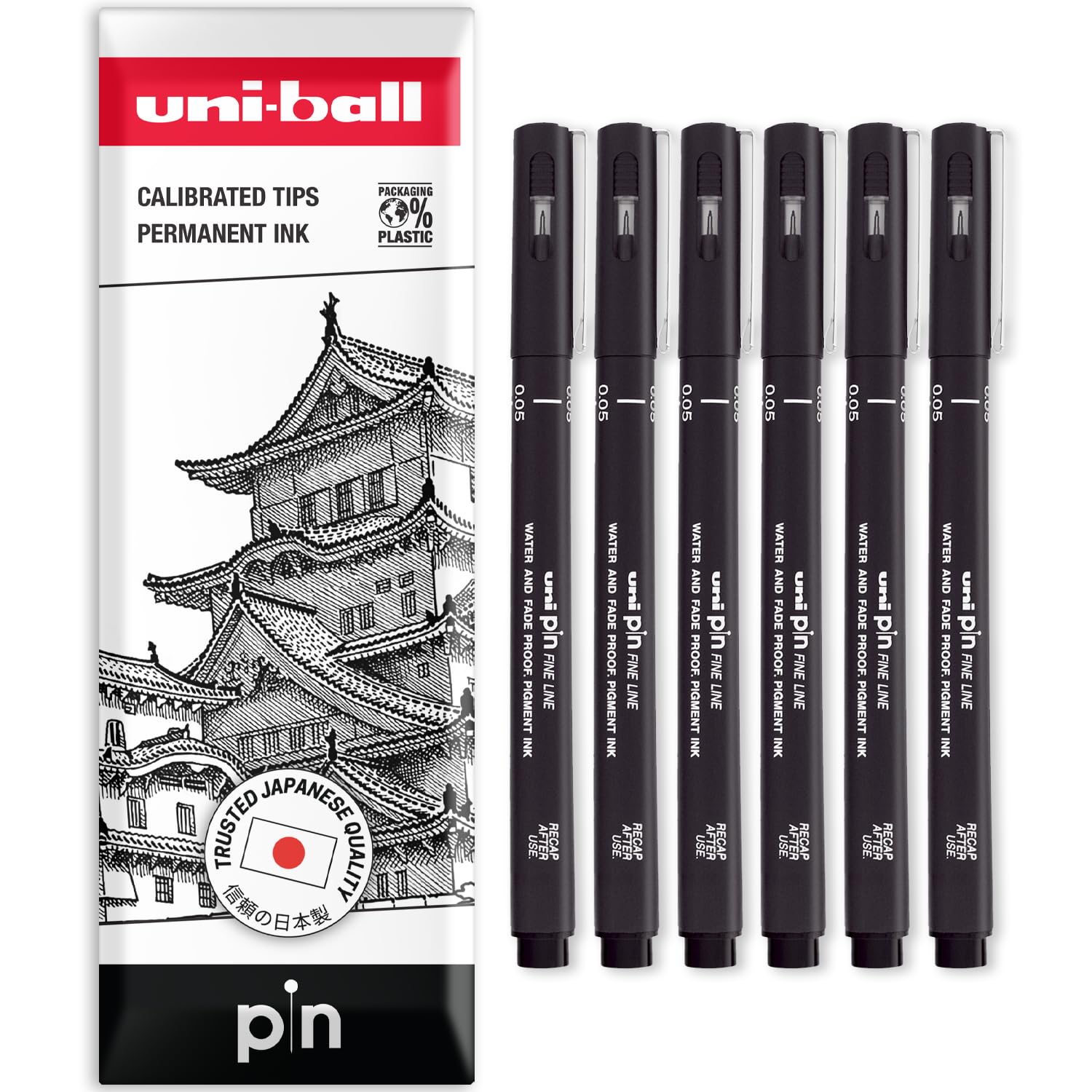 uni-ball PIN Fineliners | Black Fine Tipped Writing Pens | Water & Fade Resistant Ink | Ideal for Sketching, Scrapbooking, Outlining, Art, Technical Drawing | In Envelope Gift Bag (Pack of 6, 0.05mm)