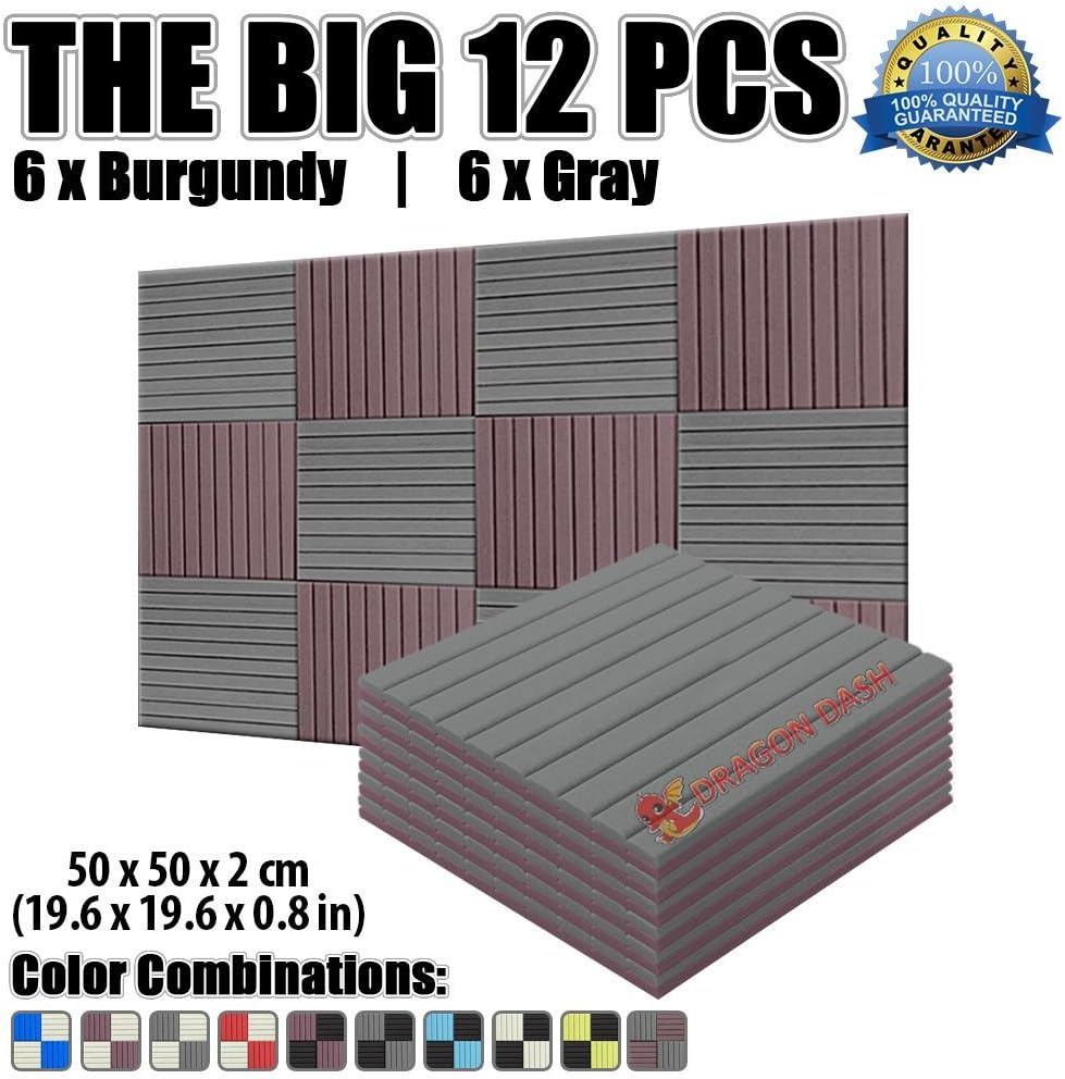 Dragon Dash 12 Pack of 19.6" X 19.6" X 0.8" Inches Burgundy and Gray Acoustic Soundproofing Wedge Foam Studio Treatment Wall Panel Tiles DD1035 (Burgundy & Gray)