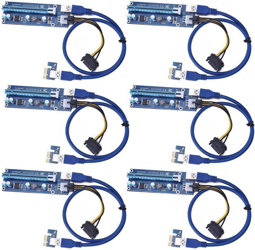 Zakio Pcie Riser, 6-Pack PCI-E Riser Board 006C 1-16x to 1x Powered Riser Adapter Card w/ 60cm USB 3.0 Extension Cable & 6-Pin PCI-E SATA Power Cable -GPU Riser Adapter - Ethereum Mining ETH-Blue