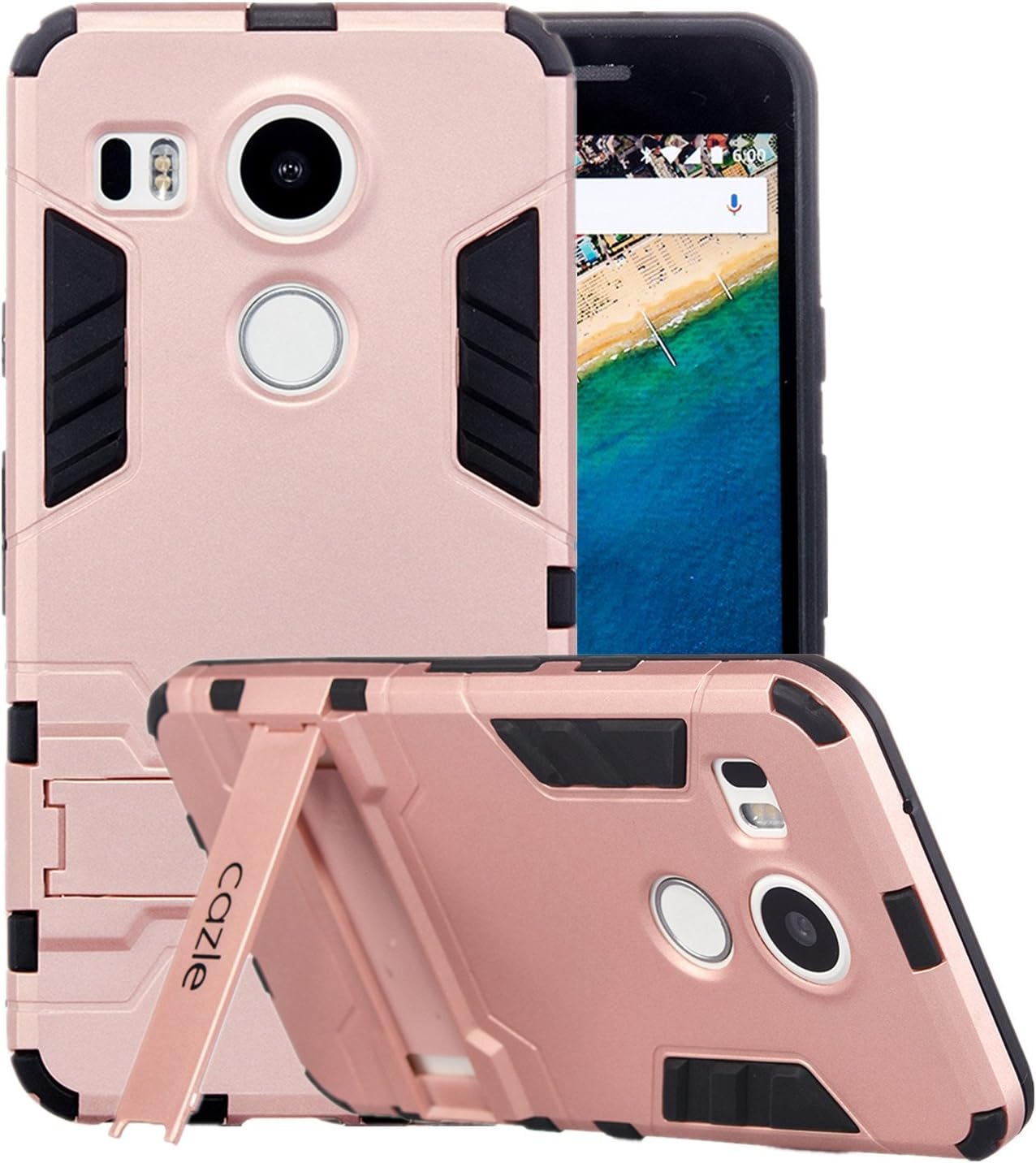 LG Nexus 5X Case, Iron Dual-Layer Ultra Slim Light Weight Matte Full Body Protective Cover with Built in Foldable Kickstand for Google Phone LG Nexus 5X by Cazle (Rose Gold)