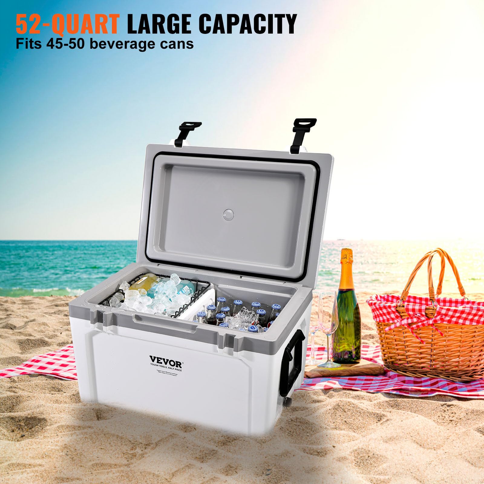 VEVOR Ultra-Light Hard Cooler, Ice Retention Cooler with Heavy Duty Handle, Ice Chest Lunch Box for Camping, Travel, Outdoor, Keeps Cool for up to 6 Days, 30% Lighter Than Rotomolded Coolers