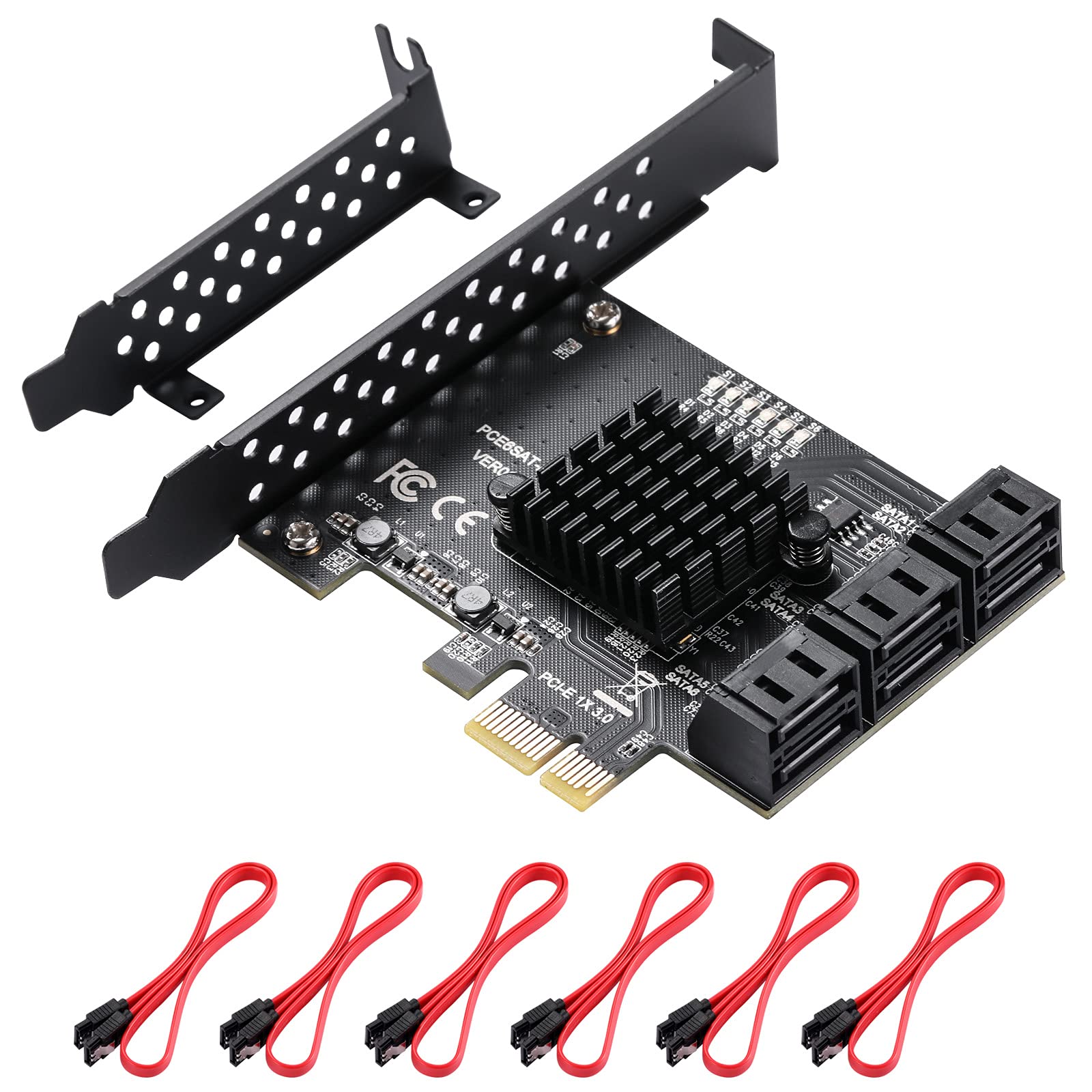 MZHOU PCIe SATA Card 6 Ports 1X PCIe SATA Expansion Card - 6 Gbps SATA 3.0 PCI Express Card - SATA Controller Expansion Card with 6 SATA Cables and Low Profile Bracket (Chipset ASM1166)