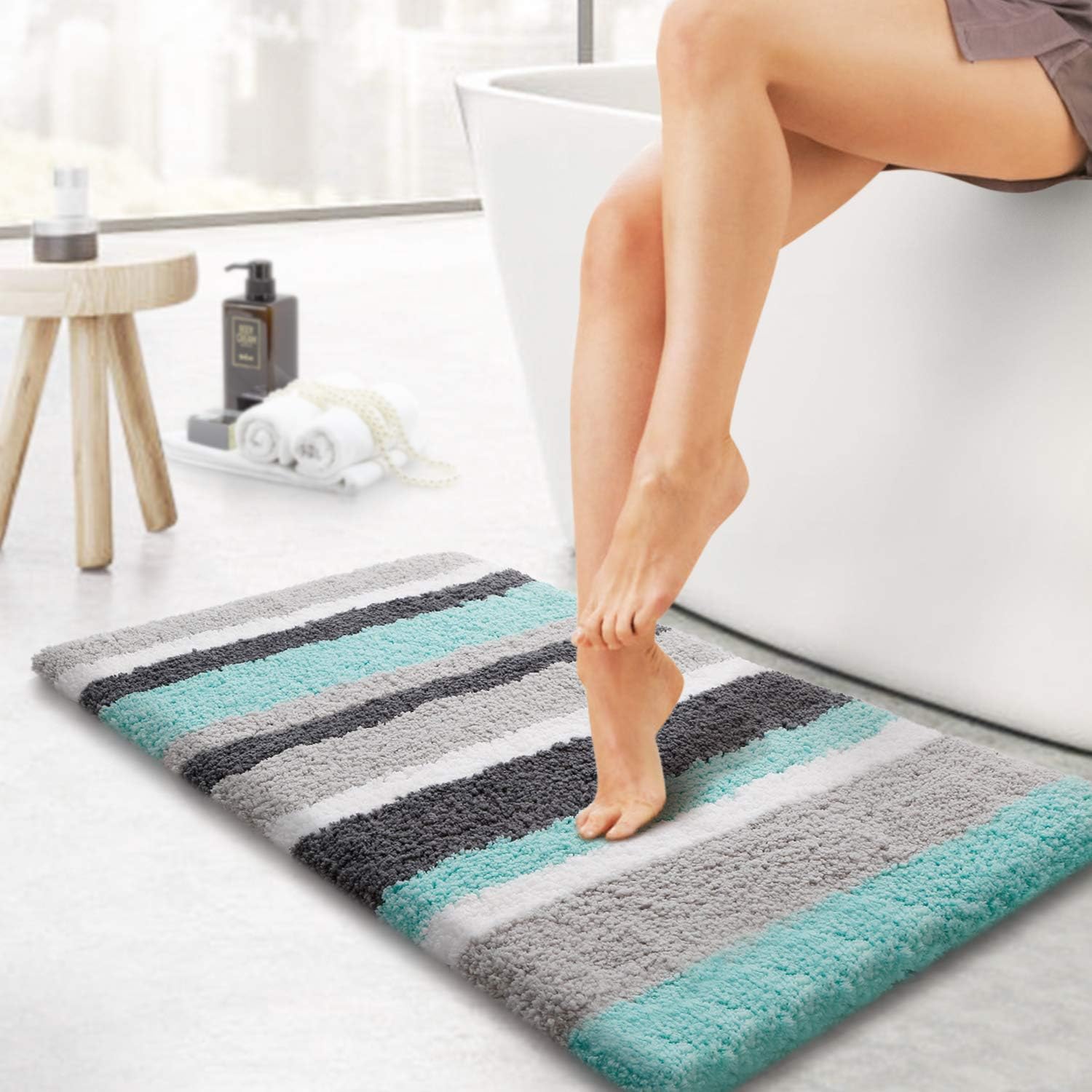 KMAT Luxury Bathroom Rugs Bath Mat, 20"x32", Non-Slip Fluffy Soft Plush Microfiber Shower Carpet Rug, Machine Washable Quick Dry Ultra Shaggy Bath Mats for Tub, Bathroom and Shower, Green-Grey: Kitchen & Dining