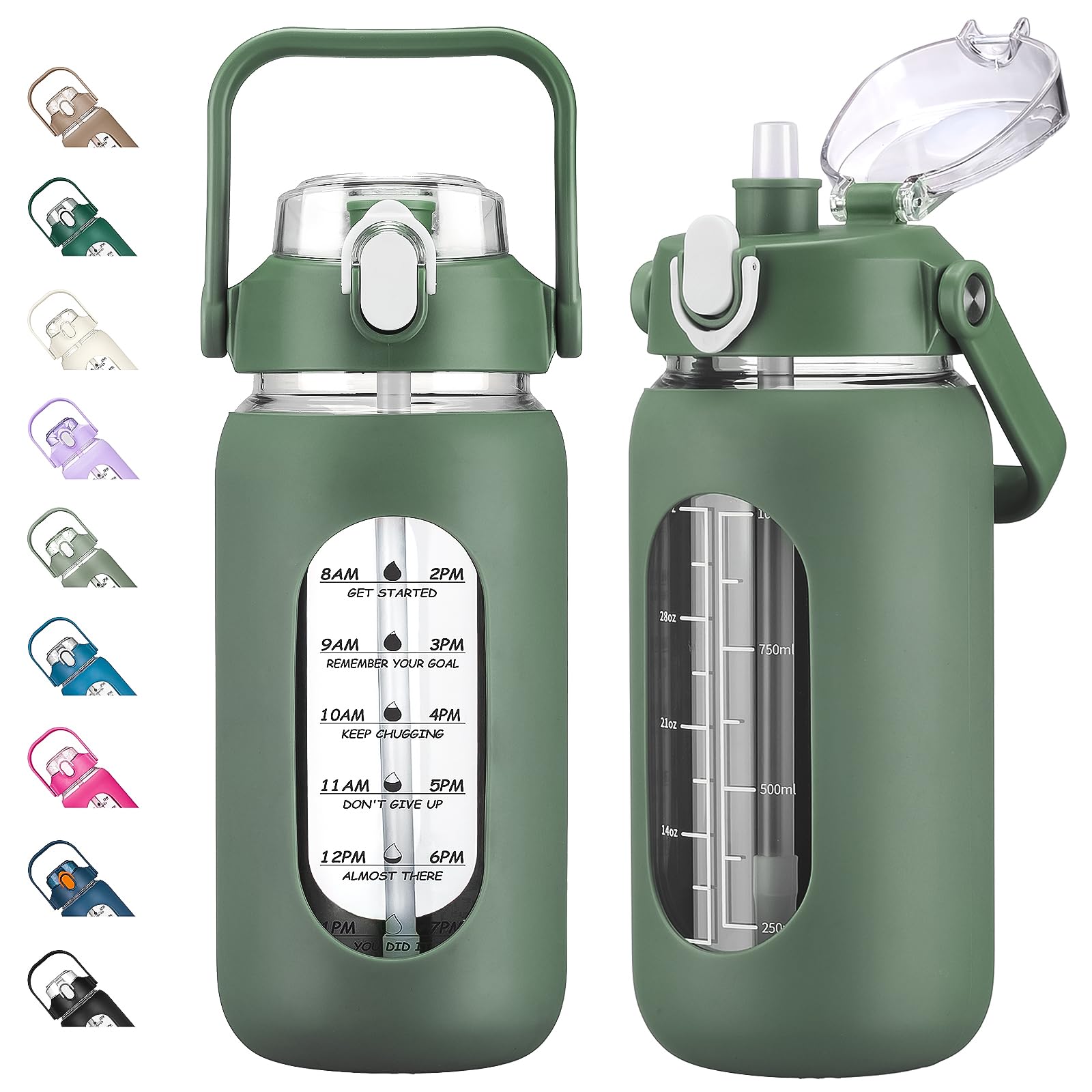 Photo 1 of kytffu 42oz Glass Water Bottles with Straw, Motivational Glass Bottle with Silicone Sleeve and Time Marker, Leakproof Large Glass Water Jug for Gym Home Office,Olive