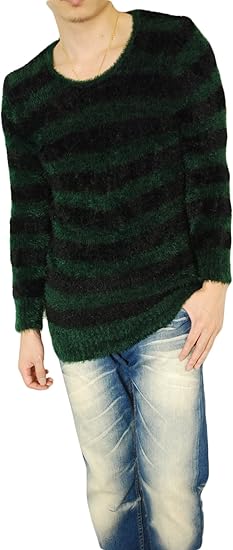 Amazon ロハス Lohasカラフルボーダーシャギーニットセーター ボーダー シャギー 毛 ファー Uネック 緑 グリーン セーター ニット メンズ お兄系 トップス 109系 インナー ユニセックス ニット ボーダーニット 冬 アクリル ブークレ Free Green セーター 通販