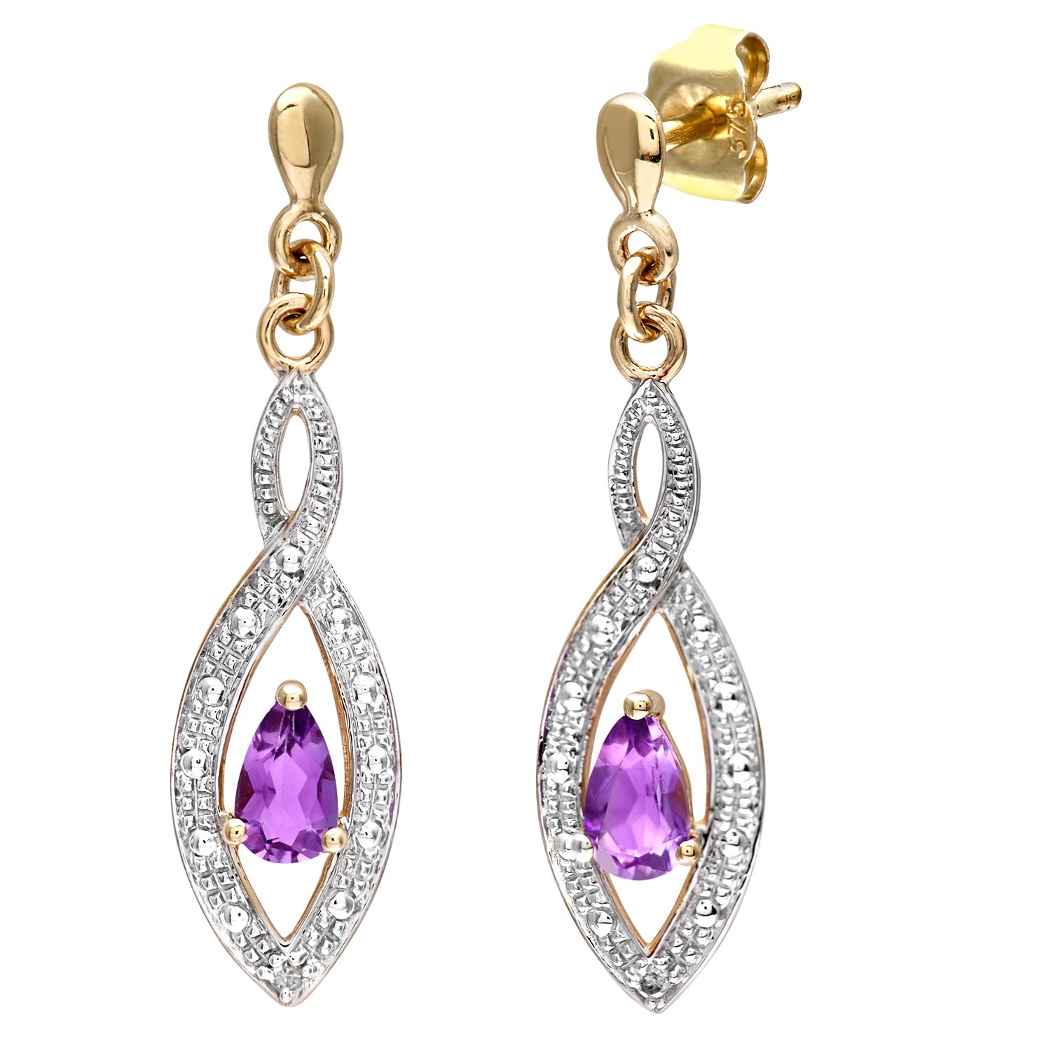 Naava Pendientes para Mujer de Oro Amarillo K con Diamantes y Amatistas