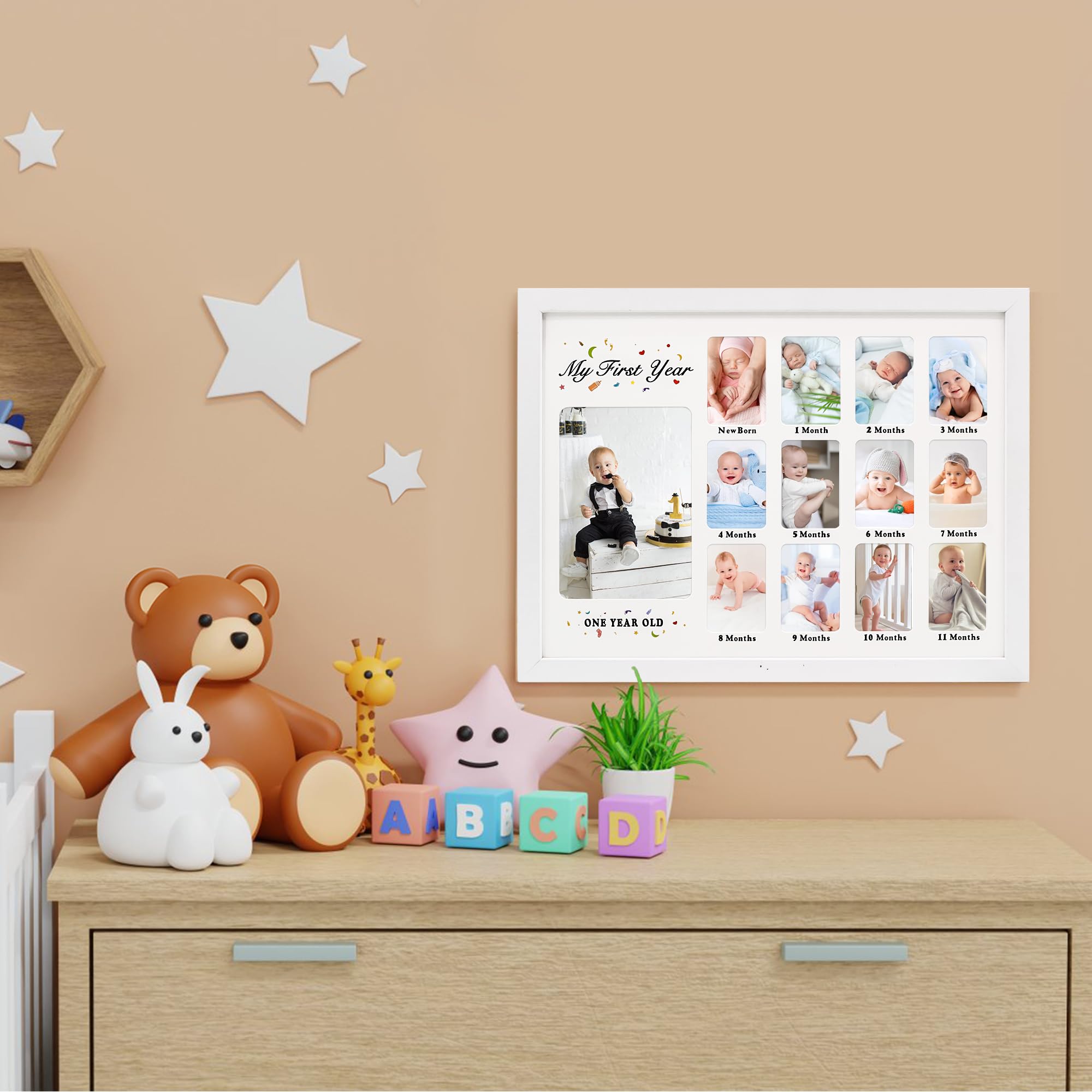 Baby First Years Photo Frames 12 Month Picture Frame 12 * 16 for Holds (1) 5x7 & (12) 2x3 Wallet Size Photos White