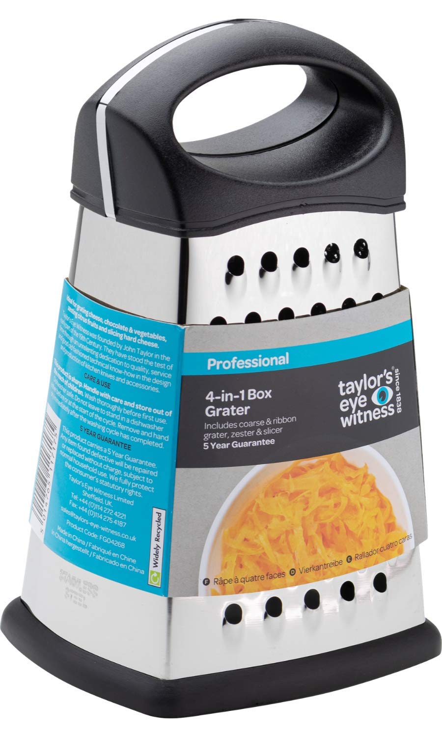 Taylors Eye Witness 4-Sided Box Grater, 8"/21cm – Stainless Steel Shredder, Slicer & Zester for Cheese, Vegetables, Citrus, Garlic, Coconut & Ginger – Professional Kitchen Tool.