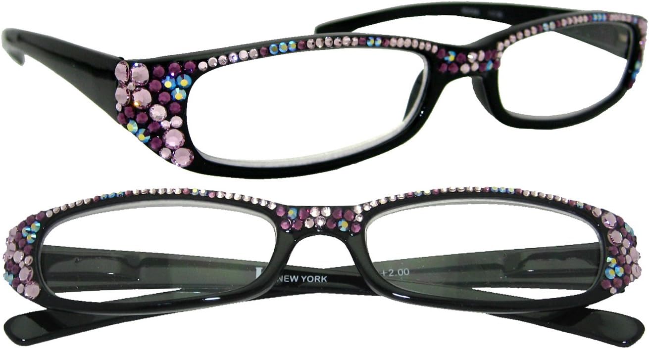 LZ New York High Quality Black Frame Women's Fashion Reading Glasses with Genuine Swarovski Crystal Leopard Print with Amethyst AB (+250)