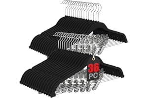 Korpai 36-Pack Black Velvet Hangers with Clips Adjustable,Adult Hangers,Outfit Hanger,Heavy-Duty,Felt,Non-Slip,Space Saving, for Pants, Skirts, Suits,Coats, Dresses ect.