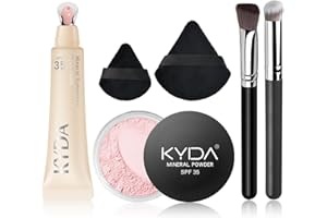 KYDA 6 Pcs Pink Mineral Under Eyes Concealer Kit, Included Eyes Concealer Cream+Loose Setting Powder, SPF 35, Eyes Color Corrector Set, Correct & Conceal Dark Circles, with Brushes and Makeup Puffs
