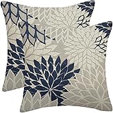 AELUTYSH Navy Blue Pillow Covers 18x18 Inch Set of 2 Rustic Navy Blue White Dahlia Floral Decorative Throw Pillows Farmhouse Geometric Flower Decor Cushion Cover for Home Sofa Bedroom Outdoor